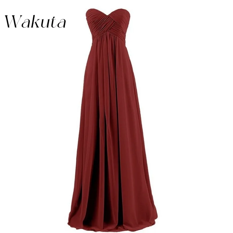 فساتين سهرة من Wakuta Retro Bustier بدون حمالات من الشيفون لوصيفة العروس بسيطة الخصر ونحيفة بطيات بطول الأرض فساتين مأدبة