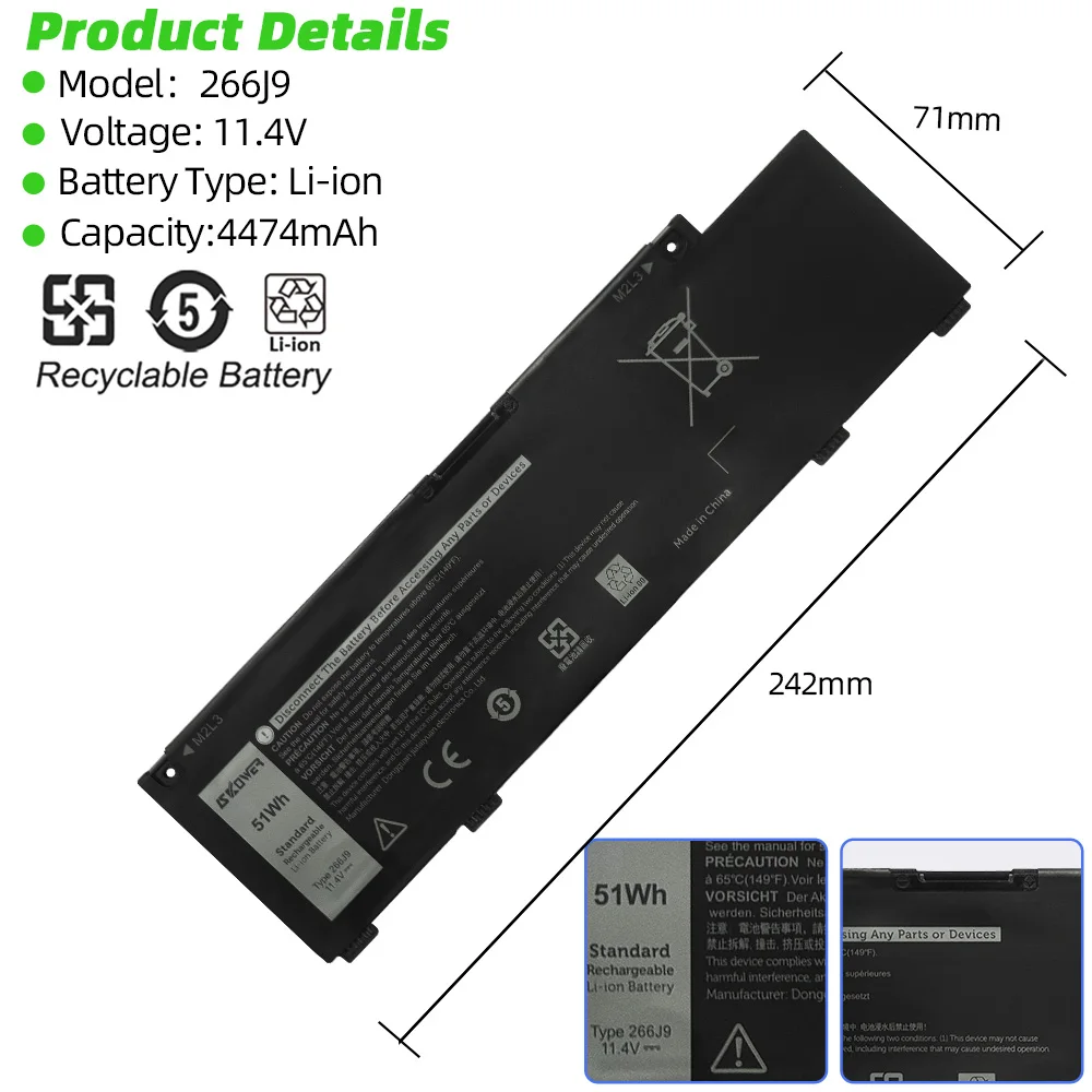 SKOWER 51Wh 266J9 Laptop Battery For Dell G3 15 3590 3500 G5 15  5500 5505 P89F Inspiron 14 5490 Series Replace M4GWP PN1VN