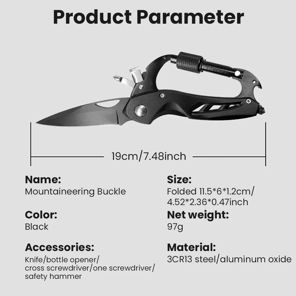 야외 다기능 등산 버클, 크로스 스크루드라이버, 카라비너 병따개, 와인 따개, 빠른 행잉 버클, 7 in 1