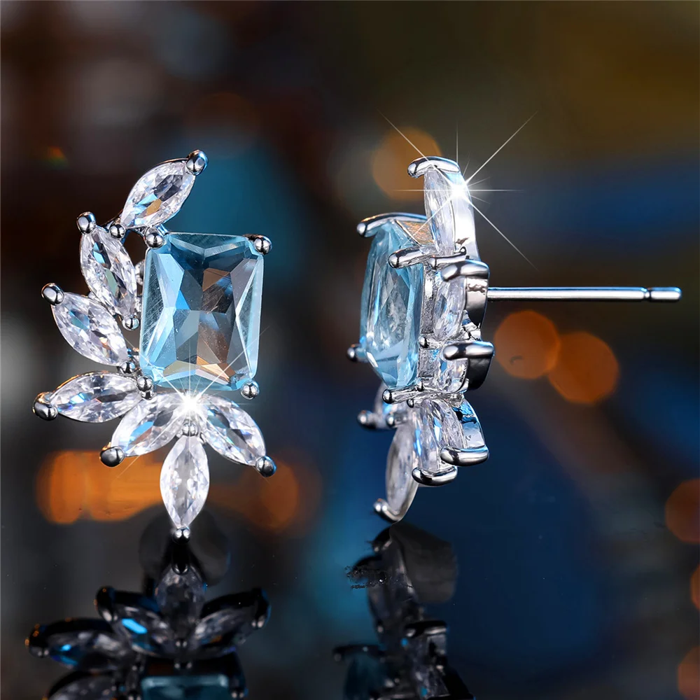 Small Water Blue Zircon Cut Stone Flower Stud Earrings For Women Silver Color Wedding Jewelry Bridal Engagement Gifts