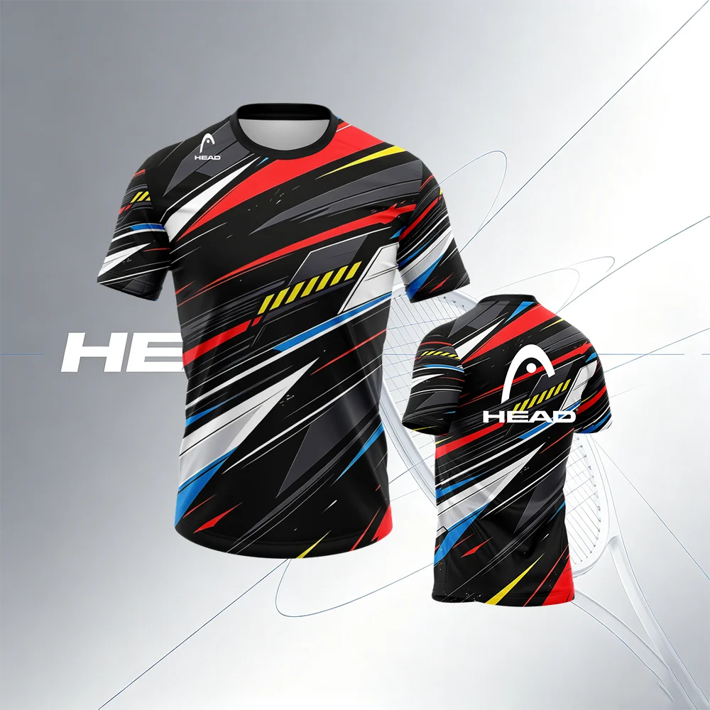 HEAD Men's Tennis T-Shirt Black Red Racing Stripe Print Short Sleeve Sports Tee Athletic Training Top