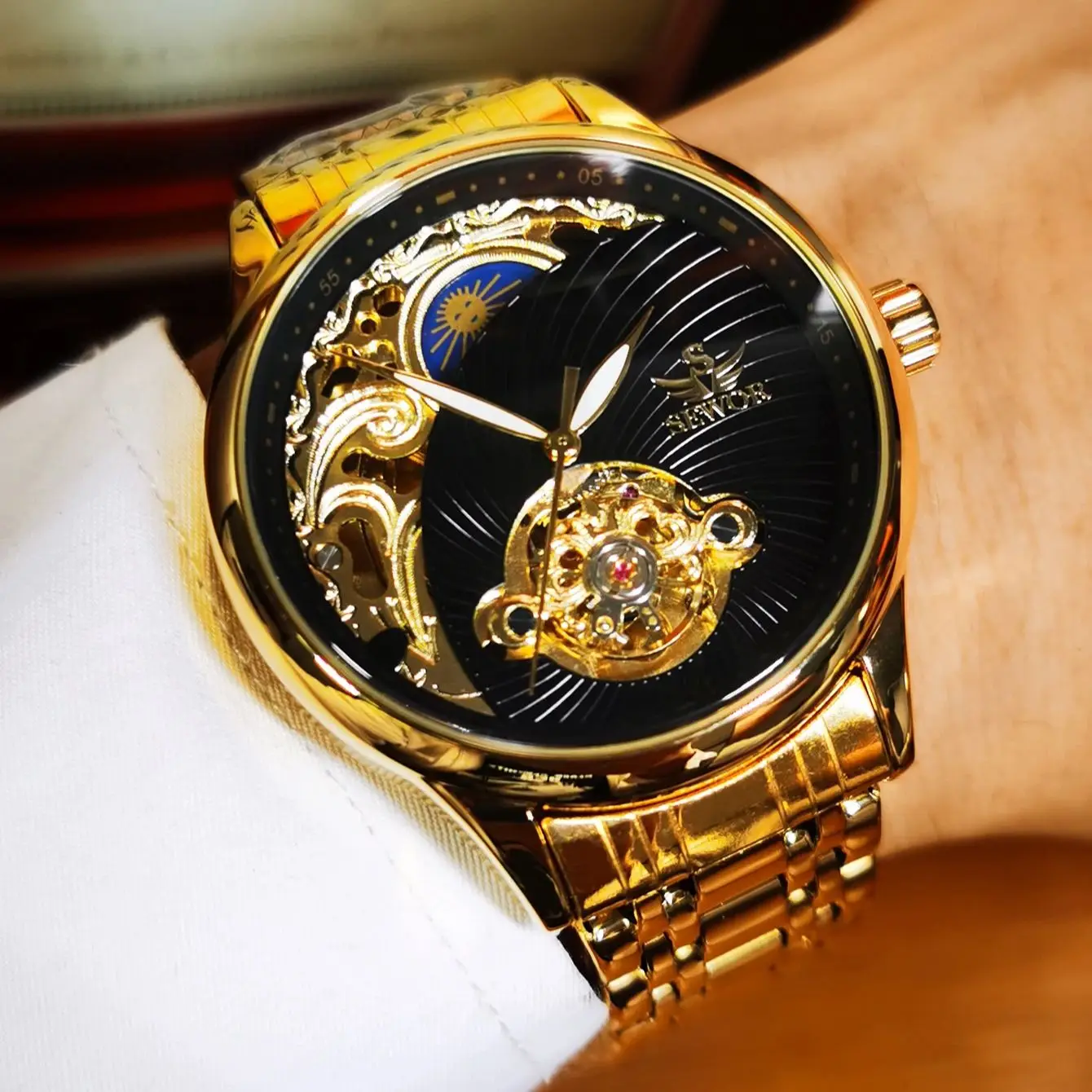 AOKULASIC Gold Skeleton Mens Watch Retro Moon Phase Tourbillon Automatic Mechanical Watches Luxury Stainless Steel Band Luminous