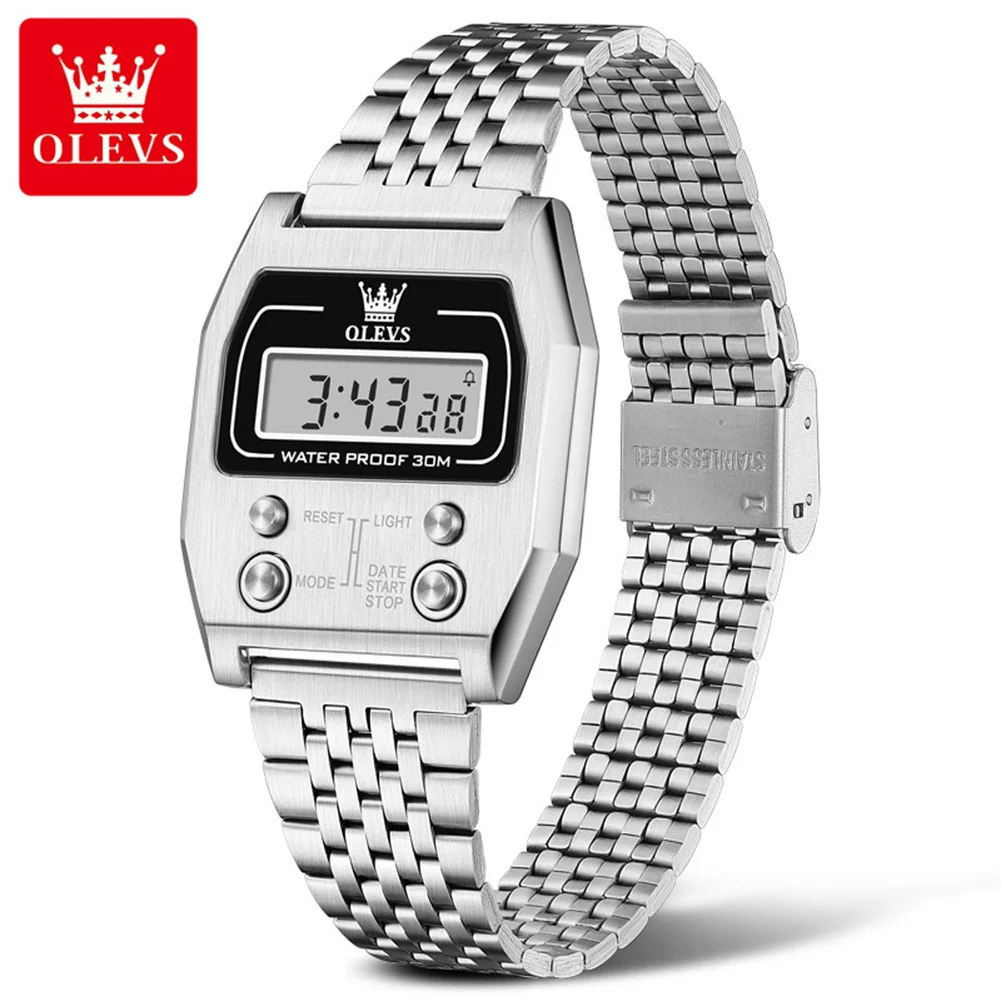 OLEVS New Electronic Quartz Watch Stainless Steel Waterproof Luminous Stopwatch for Women Men Retro Sport Unisex Wristwatch 1113