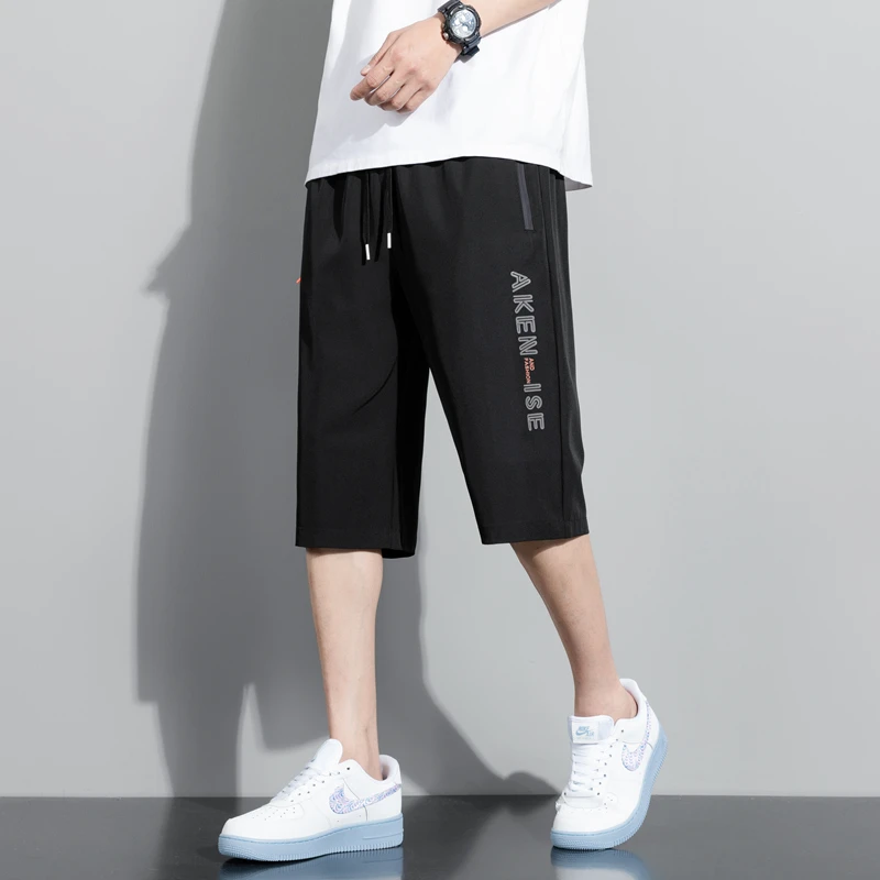 Summer Bottoms Ice Silk Pants Men Breathable Lightweight Calf-Length Short Sweatpants 3/4 Straight Loose Casual Cropped Trousers