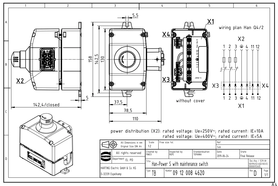 09120084620 HARTING 6-pin female contact power splitter 4...6mm²