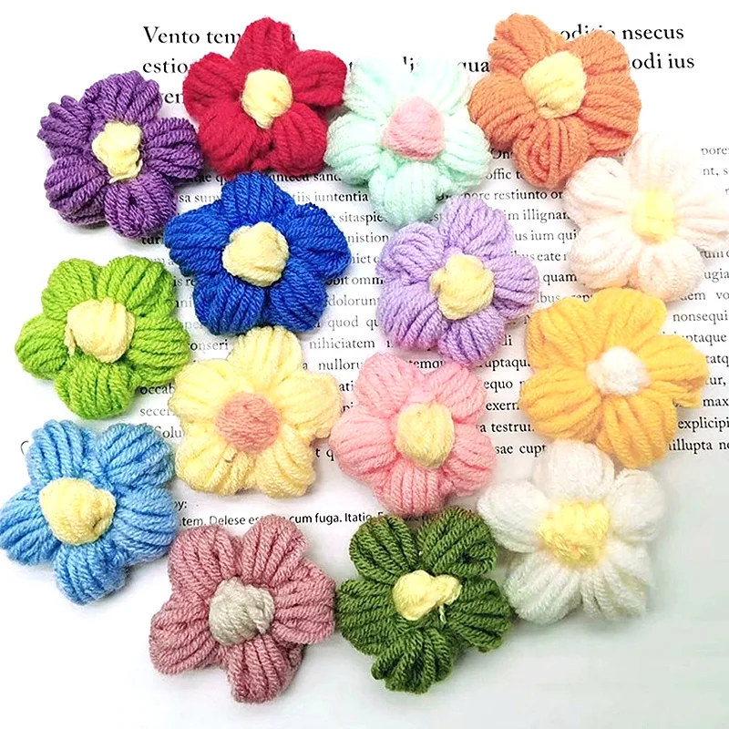 10Pcs Knitted Flower For Hair Clip DIY Hand-knitted Puff Flower Handmade Child Hairpin Clothes Jewelry Making Hair Accessories