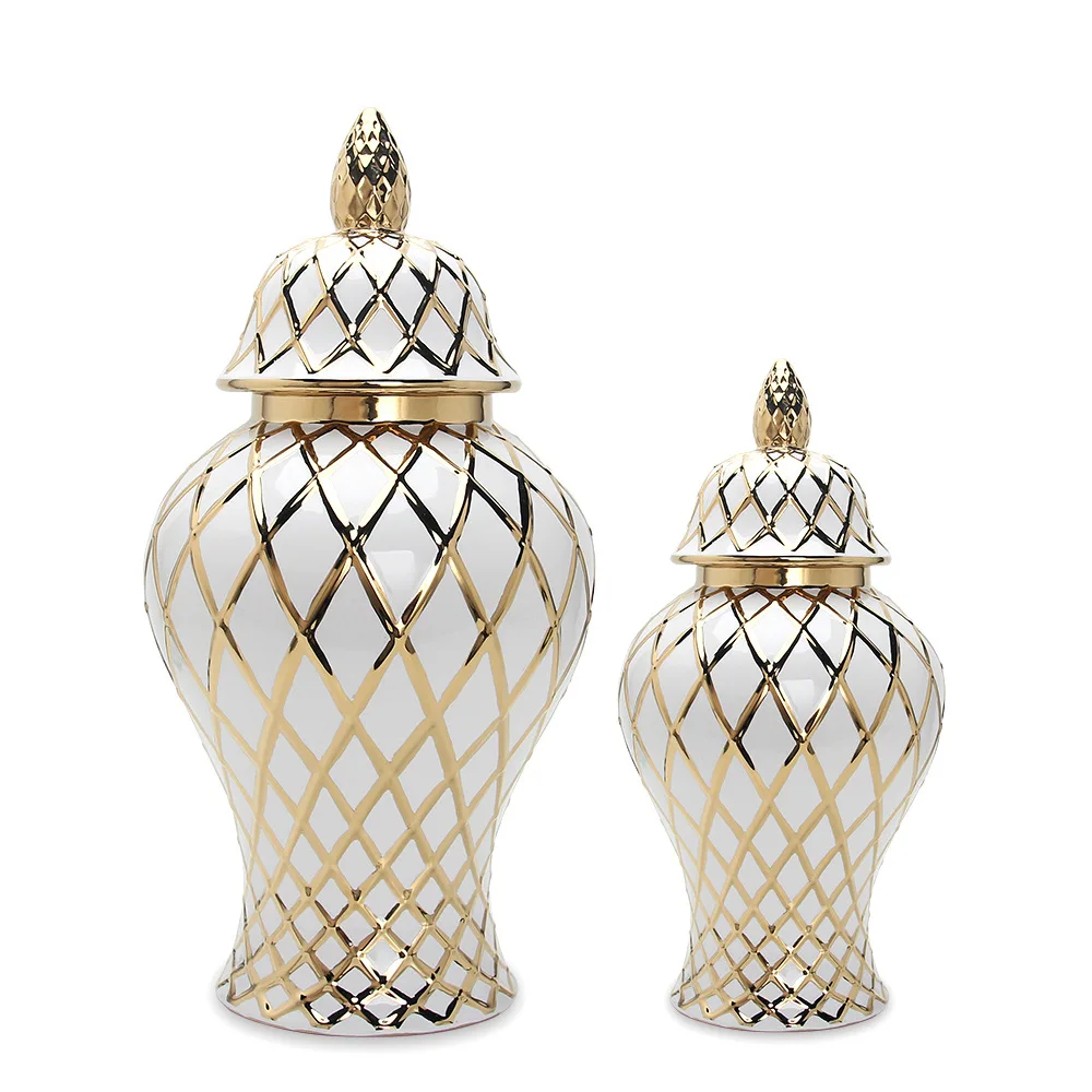 Checked Ceramic General Jar Porcelain Ginger Jars Golden Storage Plaid Decorative Accessories Vases Pots