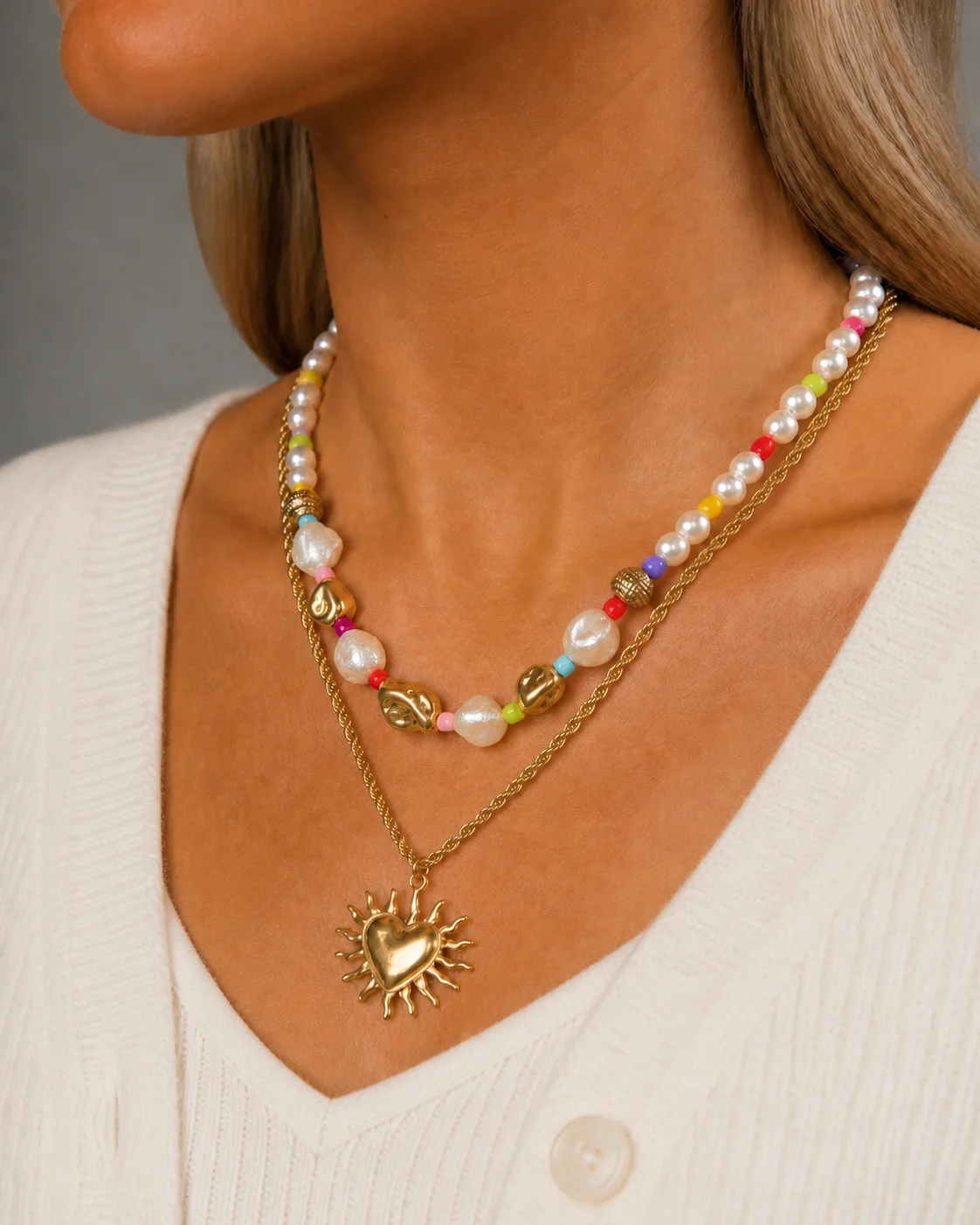 Layered Beaded Necklace for Women Faux Pearl Colorful Beads Double Chain Heart Sun Pendant Boho Fashion Jewelry