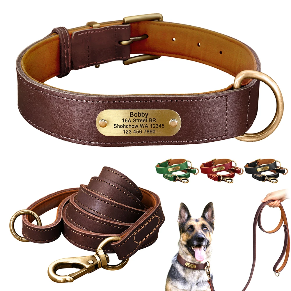 Personalized Dog Collar Leash Set Custom Leather Dog Tag Collars Free Engraved Nameplate For Small Medium Large Dogs Pitbull