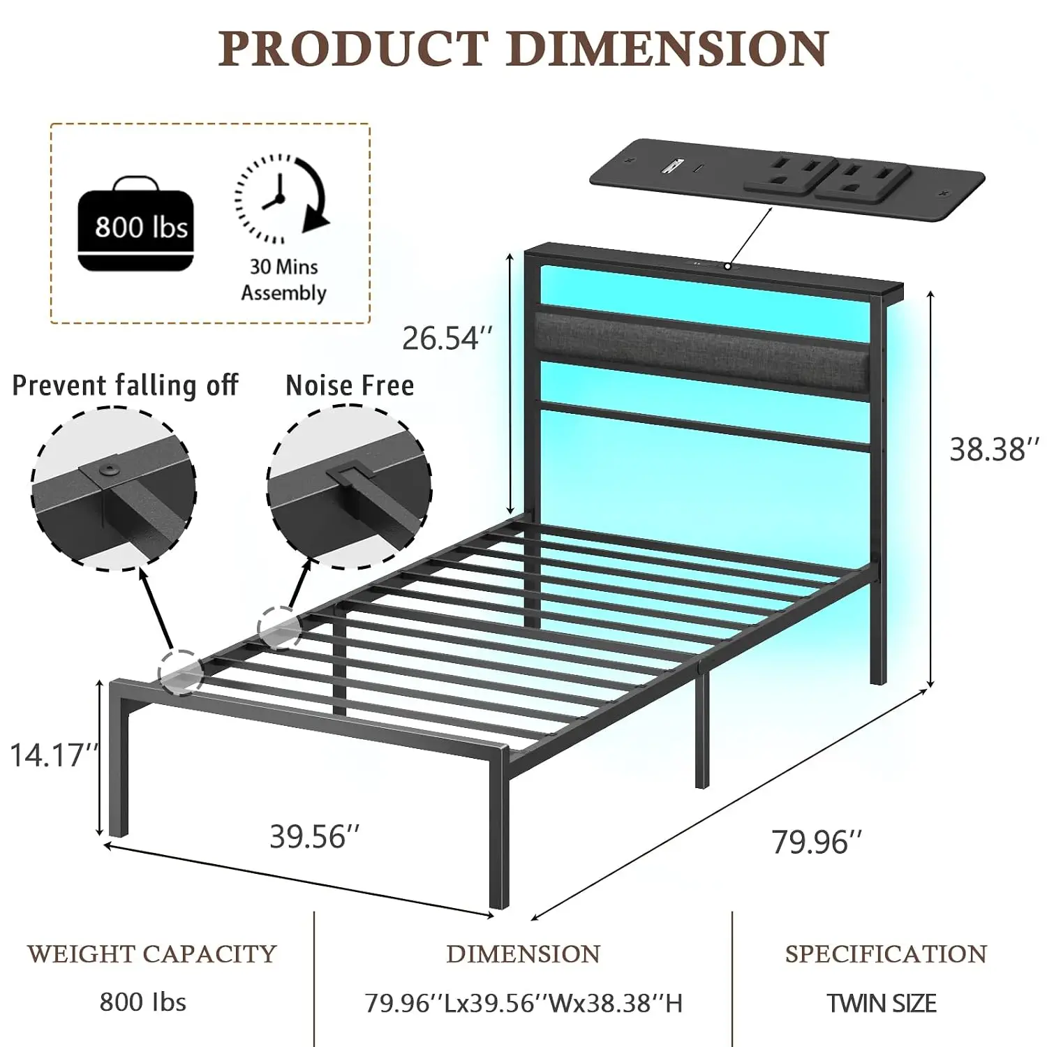 Twin Bed Frames for Kids, Metal Platform Bed Frame Twin Size with Charging Station and LED Lights, Upholstered, Custom view 2