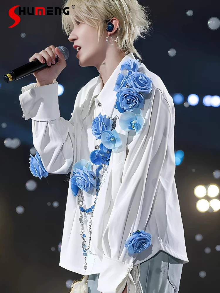 

2026 Men's Spring New Fashion Handmade Rose Light Luxury Tops Long Sleeve Chic Shirts Trendy Versatile Elegant Handsome Shirts
