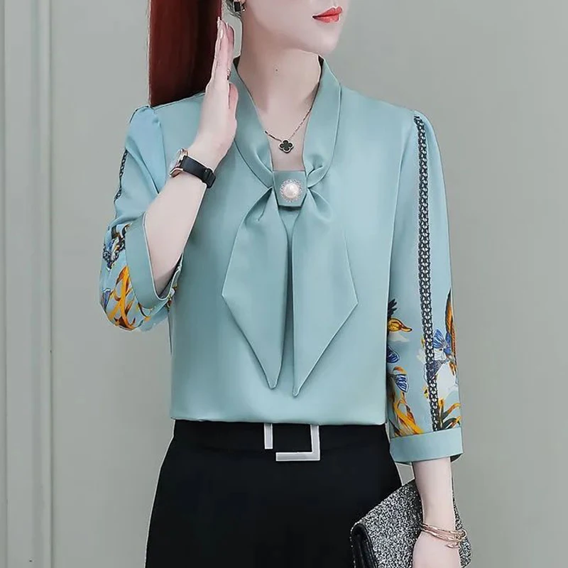 Korean Fashion Elegant Chic Beaded Bow Print Slim Top Blouse Women Spring Summer Casual Half Sleeve Shirts Blusas Mujer Clothing