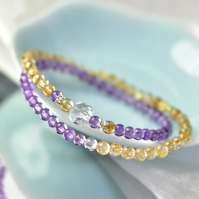 Women's Amethyst Pink -Gemstone Golden Rutilated Quartz Bracelet Multi-Circle Brac