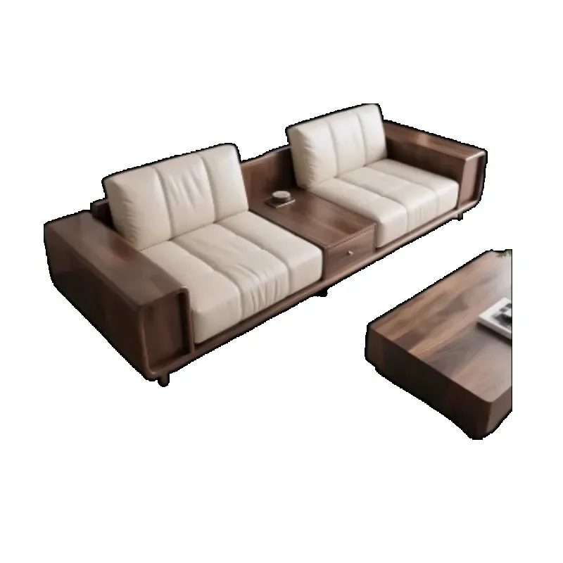 

North American black walnut solid wood sofa antique leather double sofa new Chinese small apartment living room
