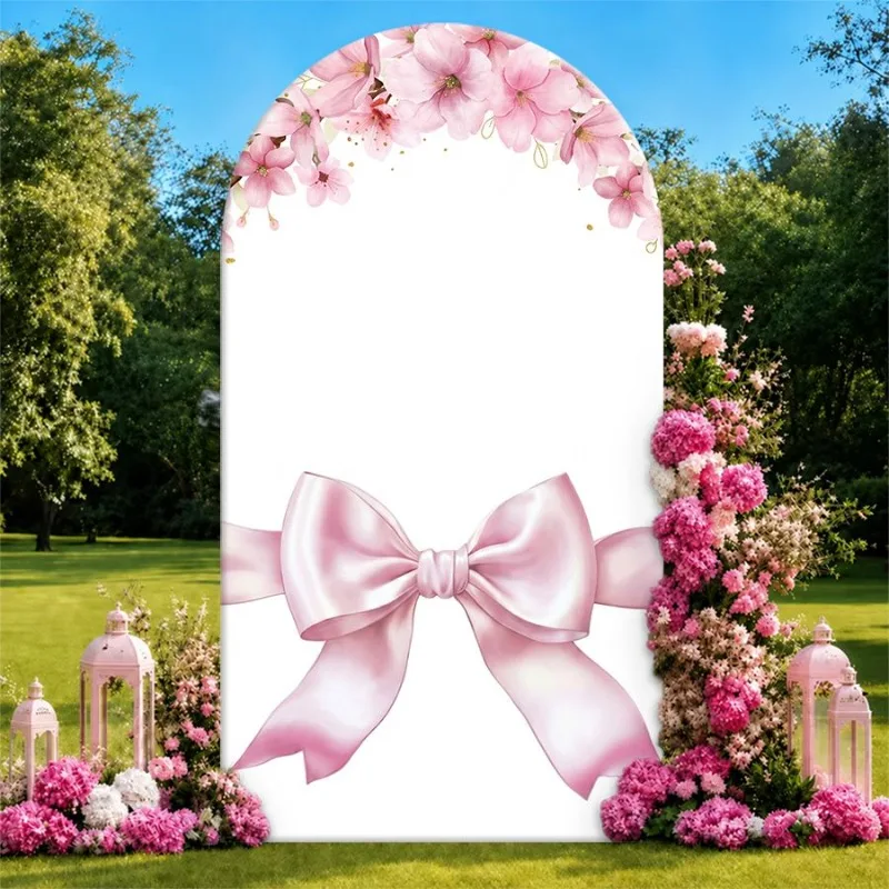 

Single Side Arch Backdrop Cover Elegant Pink Floral Arch Background for Wedding or Bridal Party Decor with Large Satin Bow