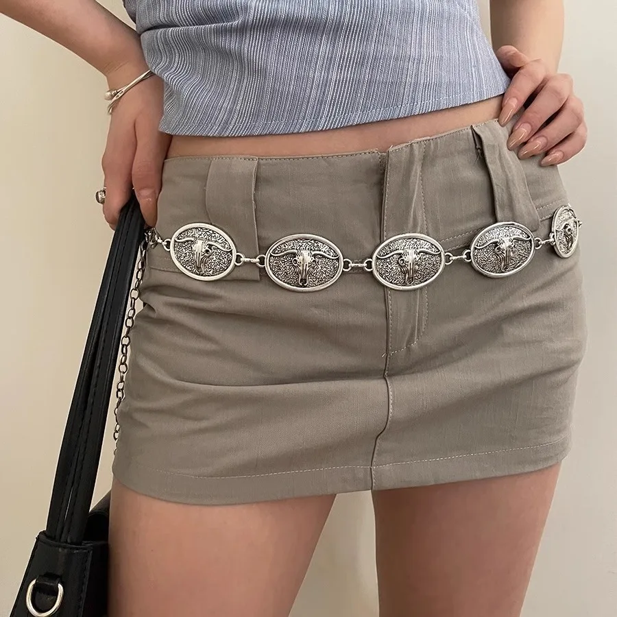 

2024 Vintage Silver Chain Belt Sun Bull Coins Female Waist Y2K Dress Waistband Designer Belts for Women High Quality Punk Corset