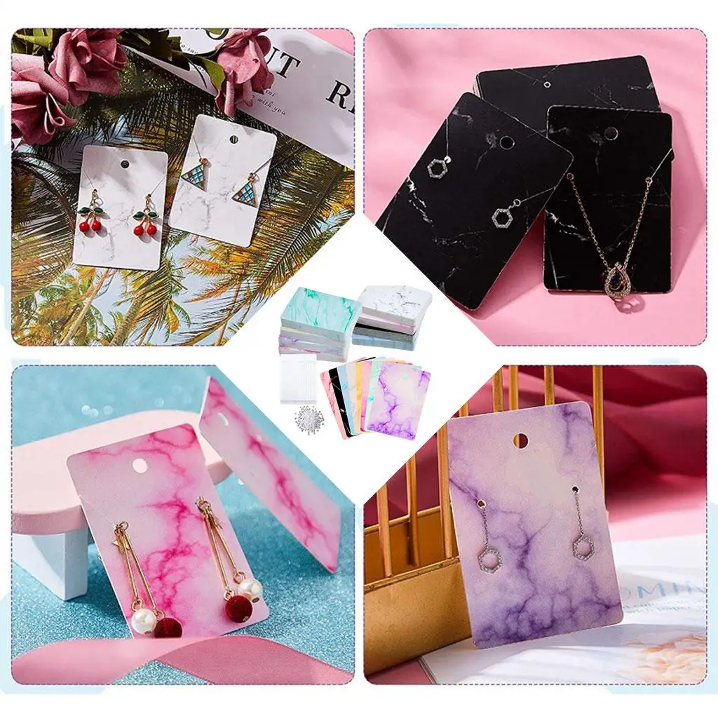 

800x Earrings Display Card Fashion with 400 Earring Backs Marble Pattern Organizer Kraft Ear Studs Holder for Necklace Handmade