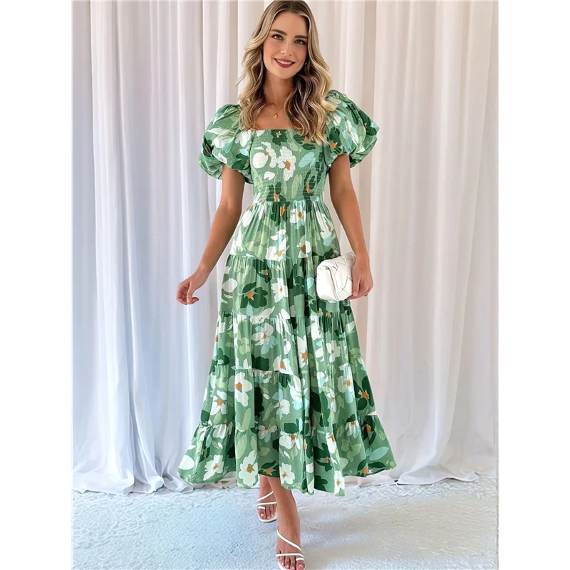 ABRT-Women's Summer Casual Midi Dress Puffy Short Sleeve Square Neck Smocked Tiered Ruffle Dresses