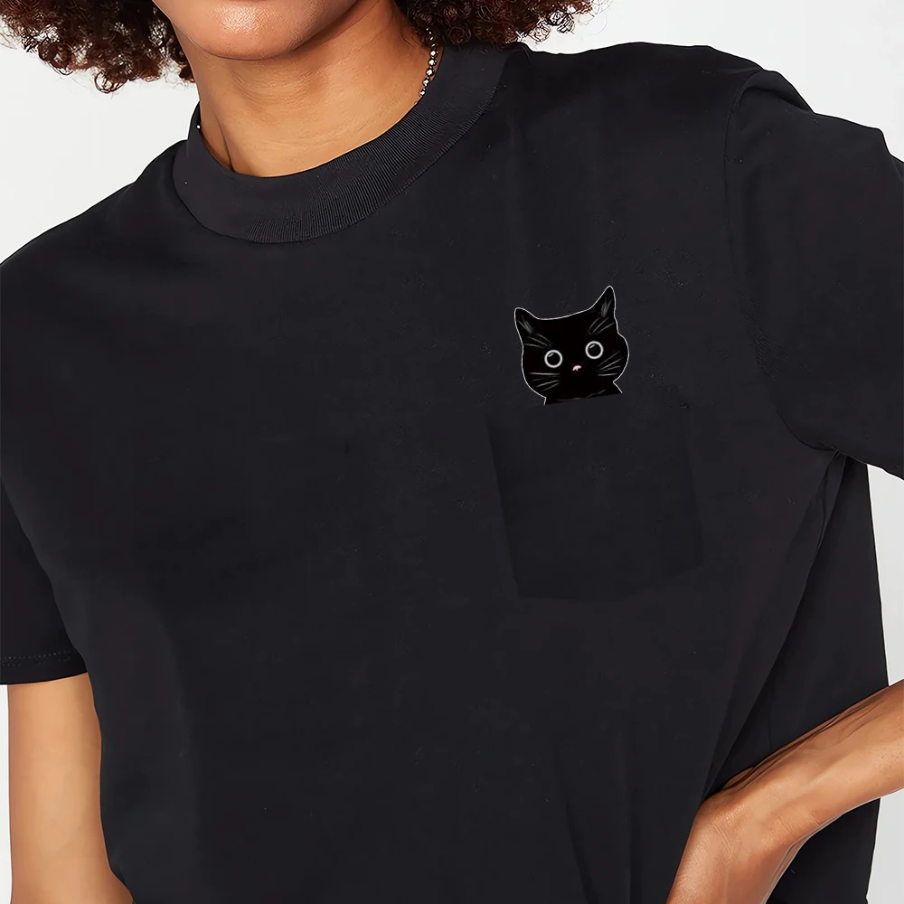 CLOOCL Animal Cotton T-Shirts Cartoon Black Cat Double Middle Finger Pocket T-shirt Mens Women Short Sleeve Shirts Dropshipping