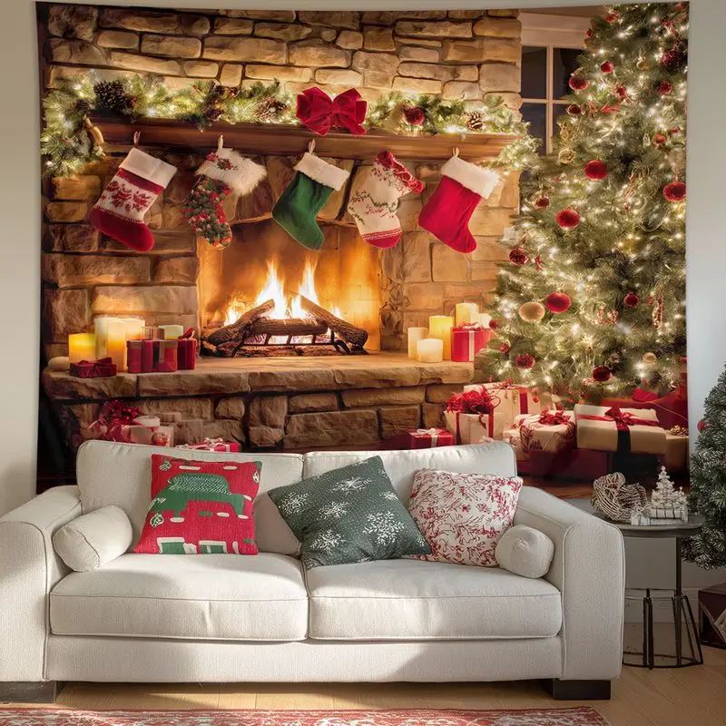 VIKAMA Stone Wall Furnace Christmas Tapestry, Rustic Wall Hanging Background Cloth for Living Room Holiday Decor