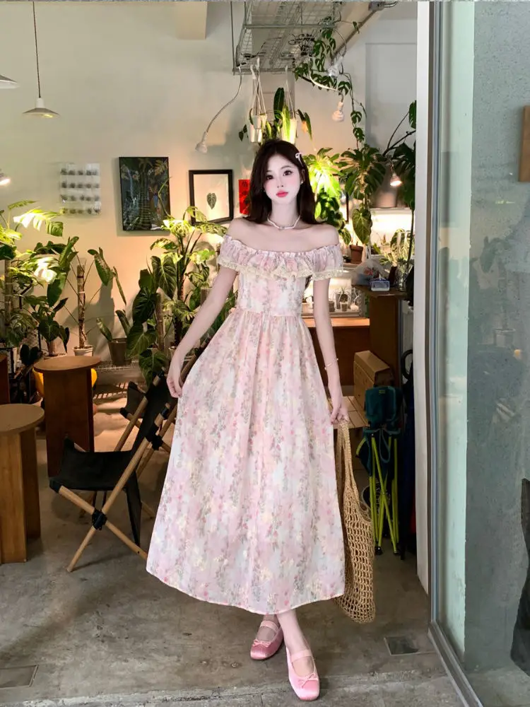 여성 프랑스어 레트로 꽃 스플 라이스 퍼프 슬리브 드레스 2025 여름 새로운 우아한 스퀘어 넥 허리 라인 긴 드레스