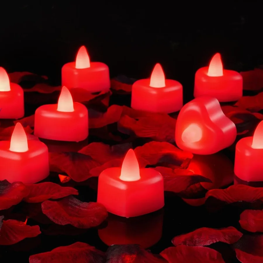 1000 peças de pétalas de rosa artificiais vermelhas com 12 coração vermelho LED luzes de chá pétalas de rosa e conjunto de velas para proposta de aniversário Ro