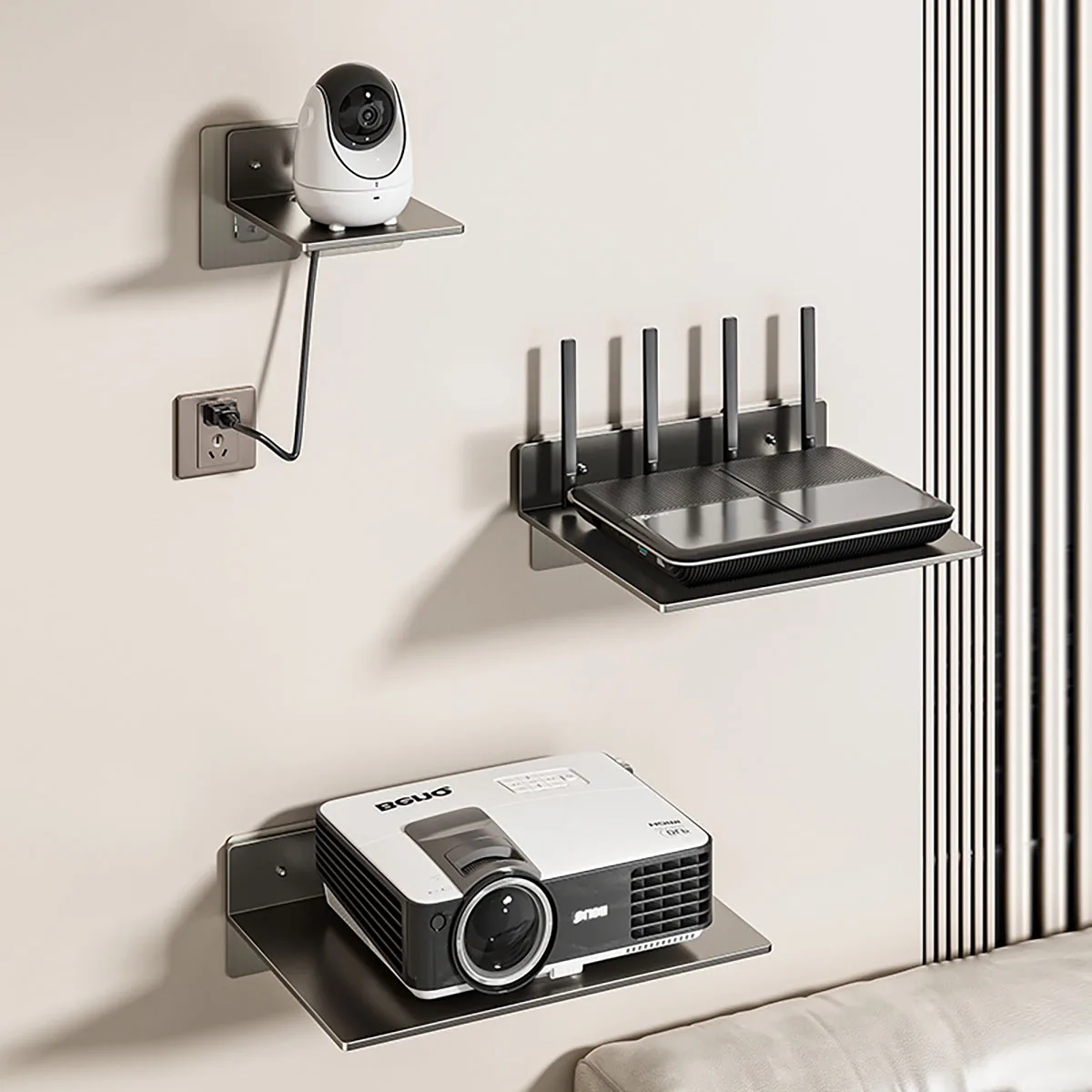 Wall Mounted Non Perforated Storage Rack, Projector, Router, Camera Placement Rack, Living Room Storage Supplies Organizer