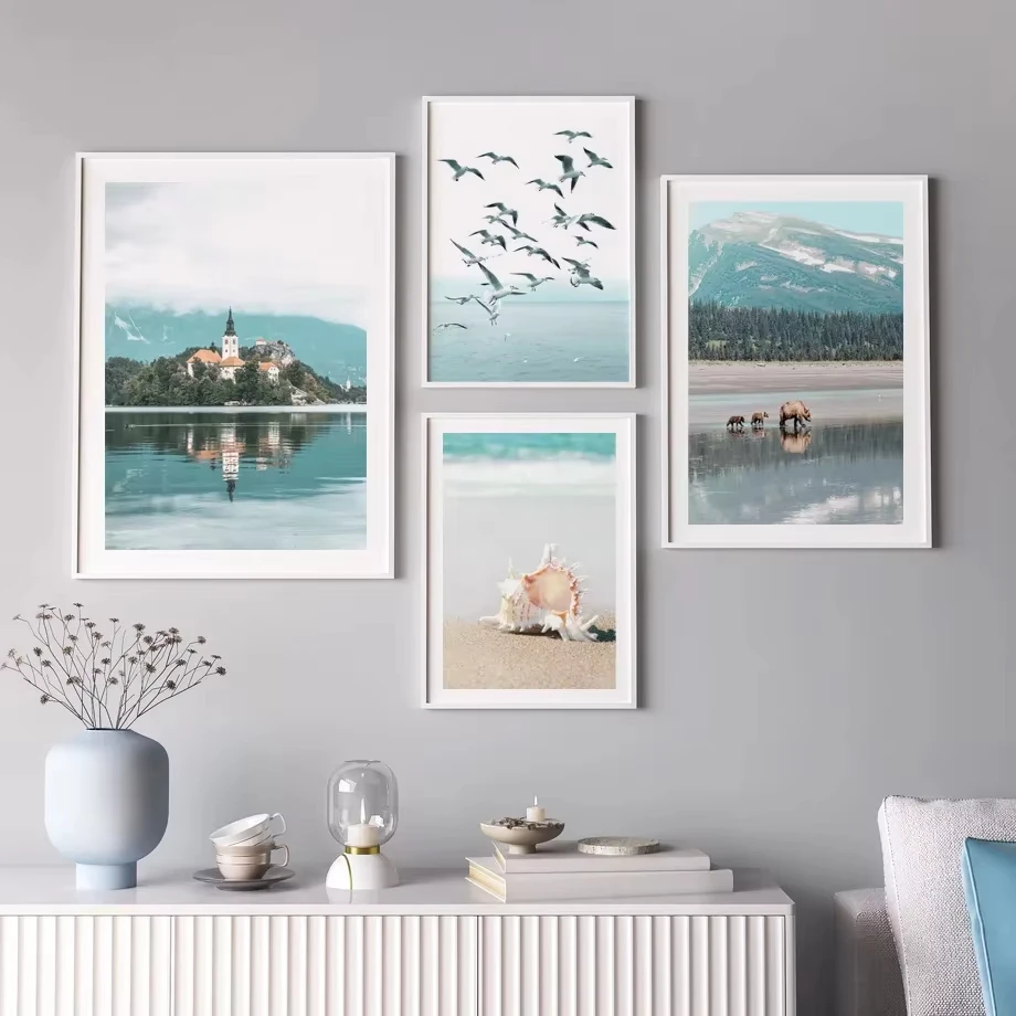 Calm Ocean Landscape Seagull Beach Shell Romantic Cherry Blossom Wall Art Canvas Printing Painting Nordic Poster Home Decoration