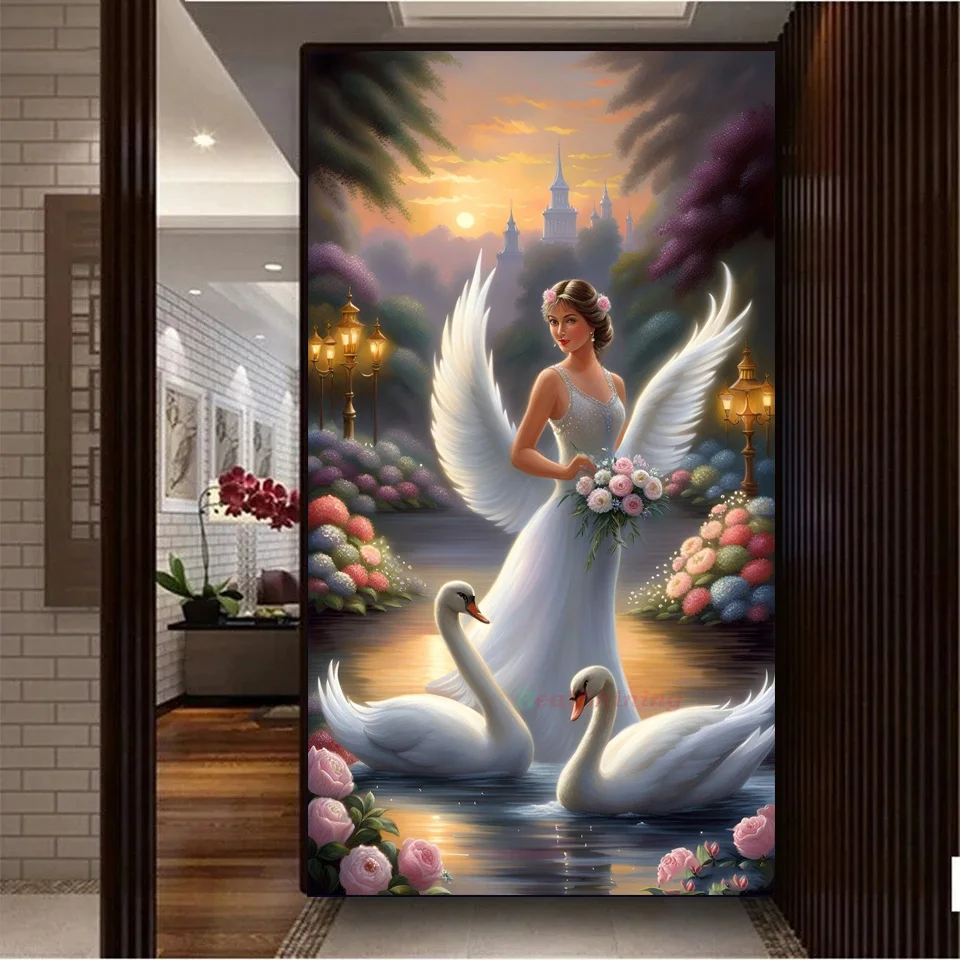 5D DIY Diamond Painting Jewelry Elegant Girl White Swan Landscape Cross Stitch Full Drills Mosaic Diamond Embroidery V706