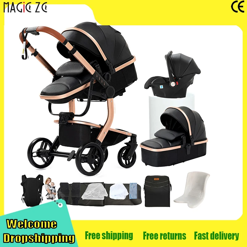 Poussette de luxe 3-en-1 en cuir PU imperméable pour nouveau-né avec siège auto, poussette portable, landau de voyage pliable