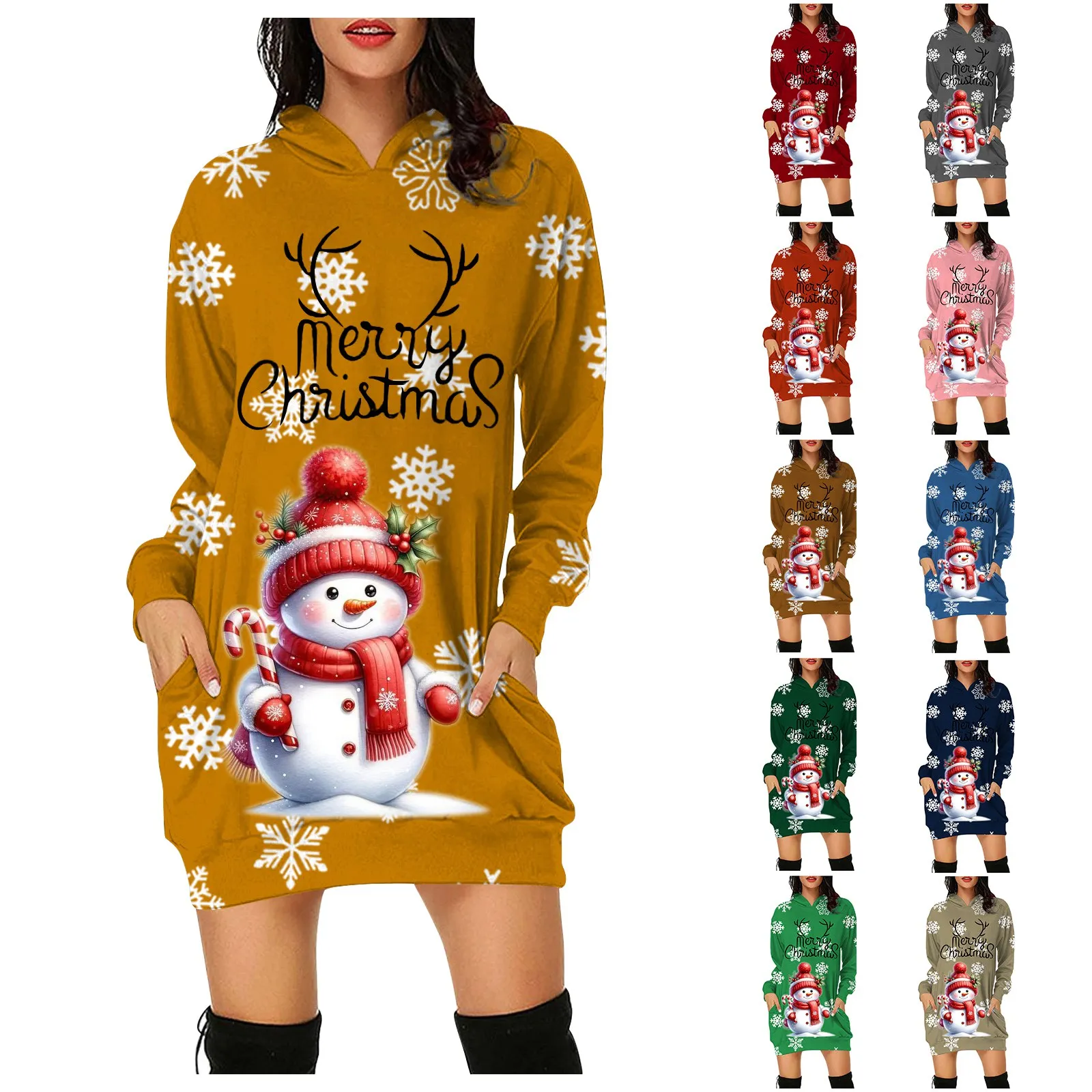 Ladies Casual Festive Snowman Christmas Print Casual Dresses for Women Line Dress Women Fashion Long Sleeved Hooded Warm