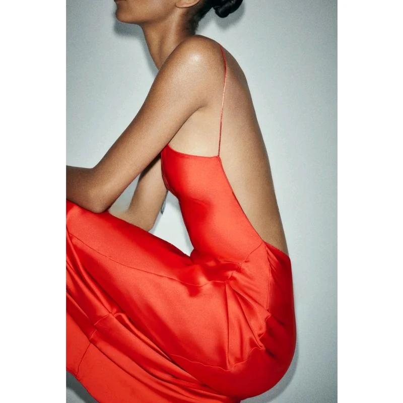 Długa satynowa sukienka z wysokim stanem, idealna na lato, nowa kolekcja damska, amerykański styl, elegancka, z dekoltem w serek, dopasowana, balowa.