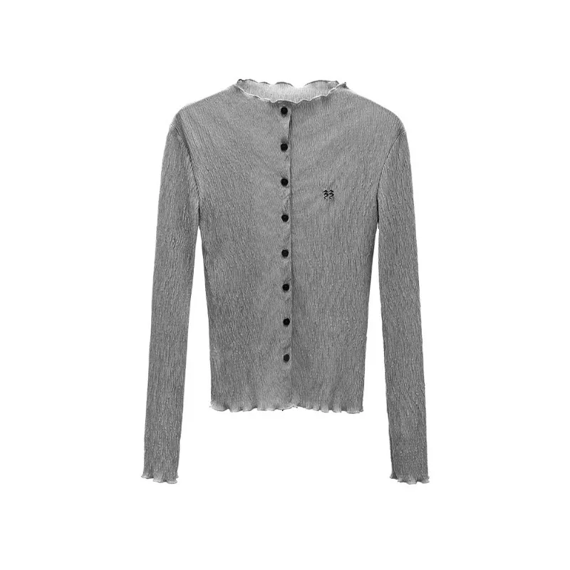 Women Black Shirts Embroidery Spring Chic Fashion New Cardigan Long Sleeve Gray Grunge Goth Vintage Casual Simple Y2k Blouses