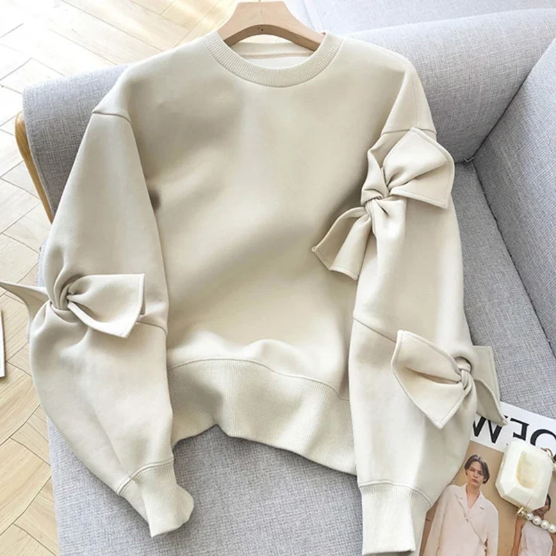 EBAIHUI New Bow Tie O-neck Loose Women Sweatshirt Autumn Winter Causal Long Sleeve Pullover Fashion Chic Ladies Tops