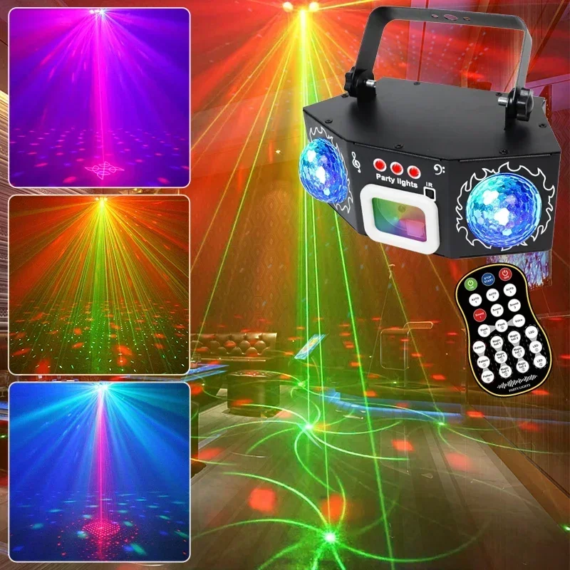 LED DJ Laser Projector Stage Disco Lights Rotating Ball Strobe Remote Sound Control Party Light for Christmas Wedding Holiday
