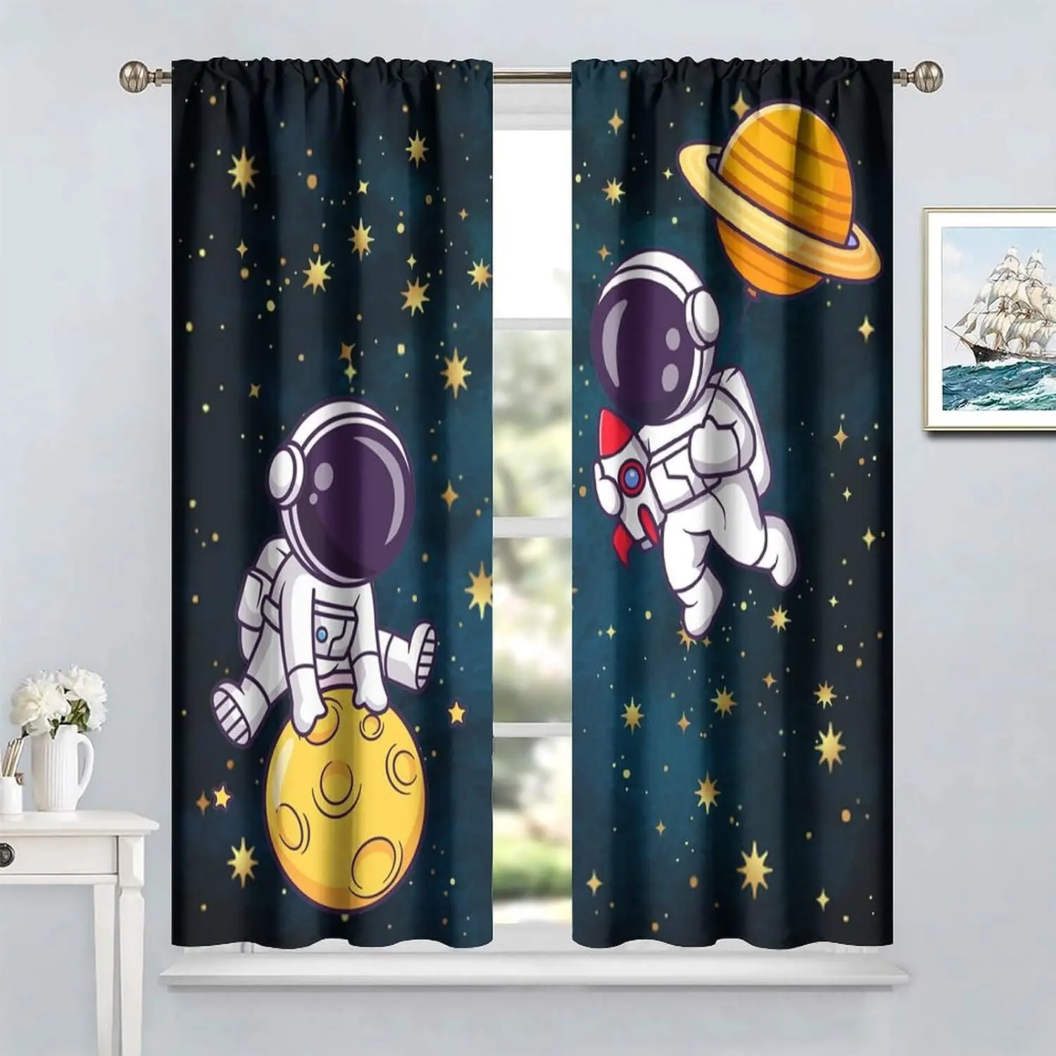 Vintage Astronaut Planet Rocket Starry Print Blackout Rod Pocket Curtain Dark Blue Fun Zen Nursery Homestay Bedroom Rest Bay