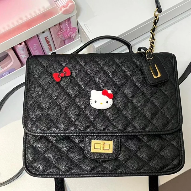 Sanrio Hello Kitty Academy Style PU Leather Backpacks Y2k Women\'s Vintage Shoulder Handheld Bags Hasp Chain Backpack