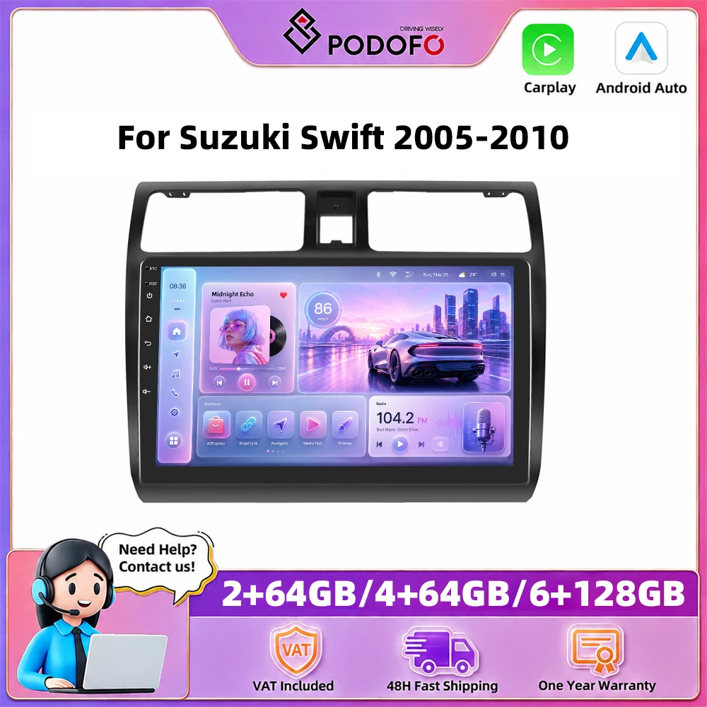 Podofo – autoradio 10 pouces pour Suzuki Swift 2005-2010, Carplay sans fil, Android Auto, systèmes de voiture intelligents, navigation GPS, lecteur multimédia, MirrorLink, BT, WIFI, unité principale