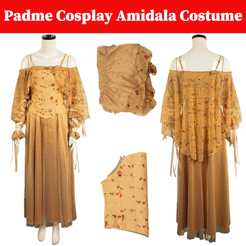 

Padme Cosplay Amidala Yellow Dress Costume Movie Space Battle Outfits Women Picnic Skirts Girls Roleplay Halloween Fantasia Suit