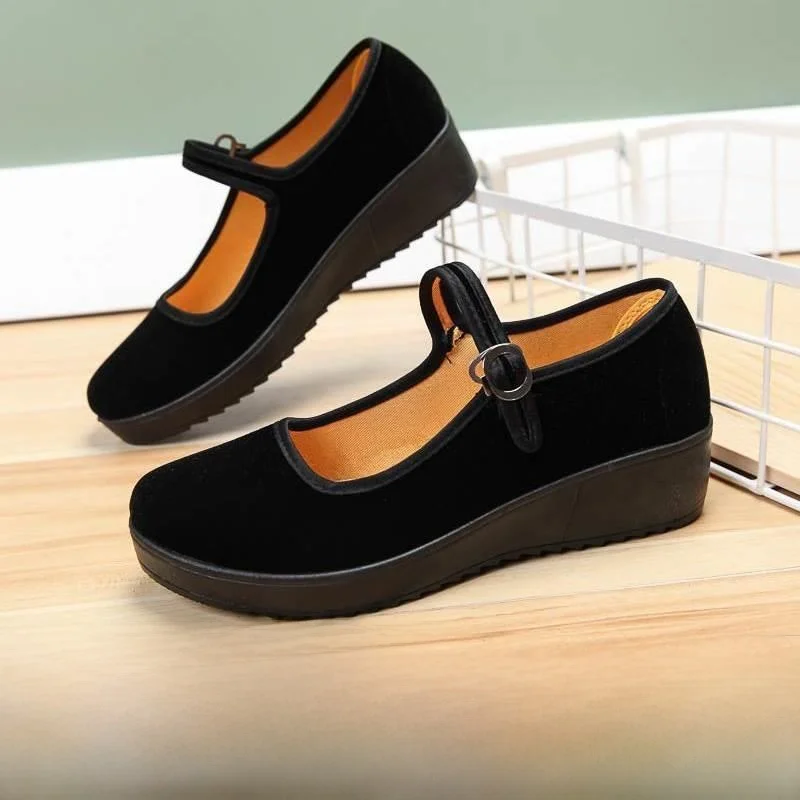 

Женские повседневные туфли на плоской подошве, мягкие, для работы, для отелей, с квадратным носком, черные, на плоском каблуке, для среднего и пожилого возраста