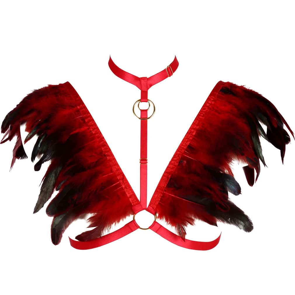 

Women Feather Epaulettes Crop Top Harness Body Cage Harness Bra Straps Feather Wings Shoulder Epaulettes Goth Rave Wear