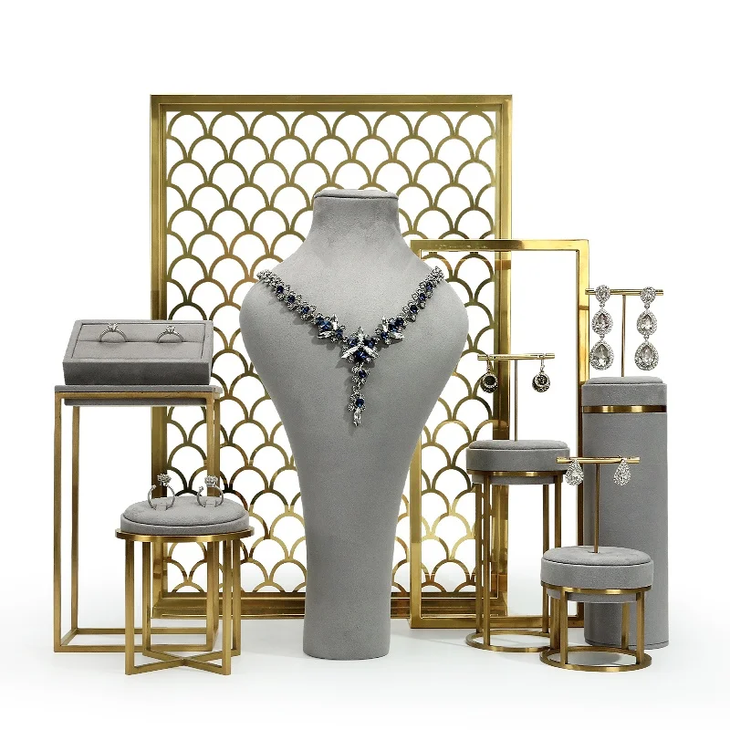 رمادي اللون عرض المجوهرات حامل مجموعة متجر المجوهرات قلادة حلقة حامل القرط قلادة رف شاشة نافذة عرض صور الدعائم مجموعة