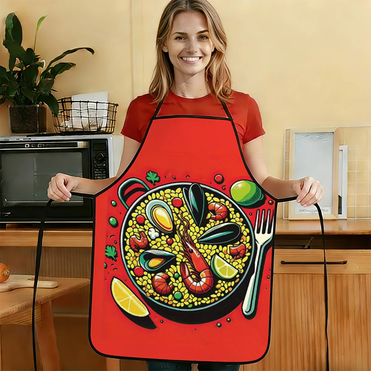 An apron with seafood pattern is very suitable for kitchen work and household cleaning, and it is a holiday gift.