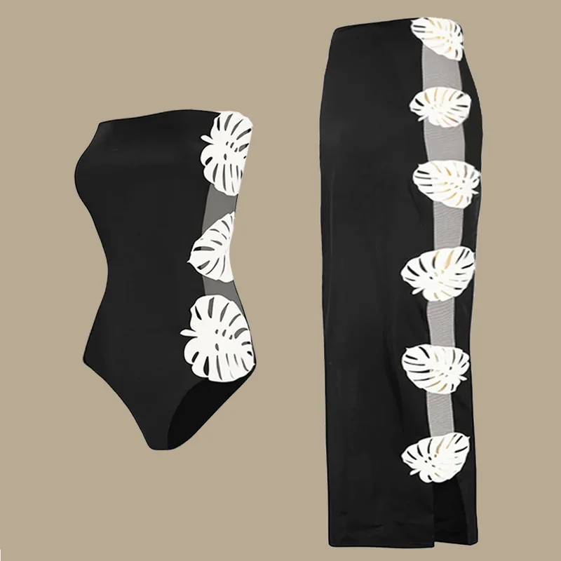 

One Piece Swimsuit For Women European And American Swimsuit Design Sense Spice Girl Black And White Tube Top Leaf Splicing Hollo