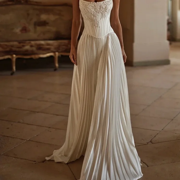 ZIBUYU Trägerloses, schlichtes, bodenlanges Brautkleid aus Satin mit hohem Schlitz, A-Linie, ärmellos, Korsettrücken, Hochzeitskleid, individuell gestaltet