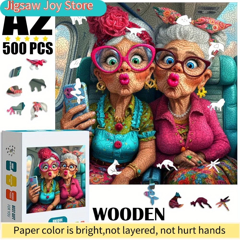 

500 элементов, деревянный пазл А2 большого размера 42x42 см, нестандартной формы - Фото с забавными бабушкой и дедушкой на самолете, уникальный пазл с животными