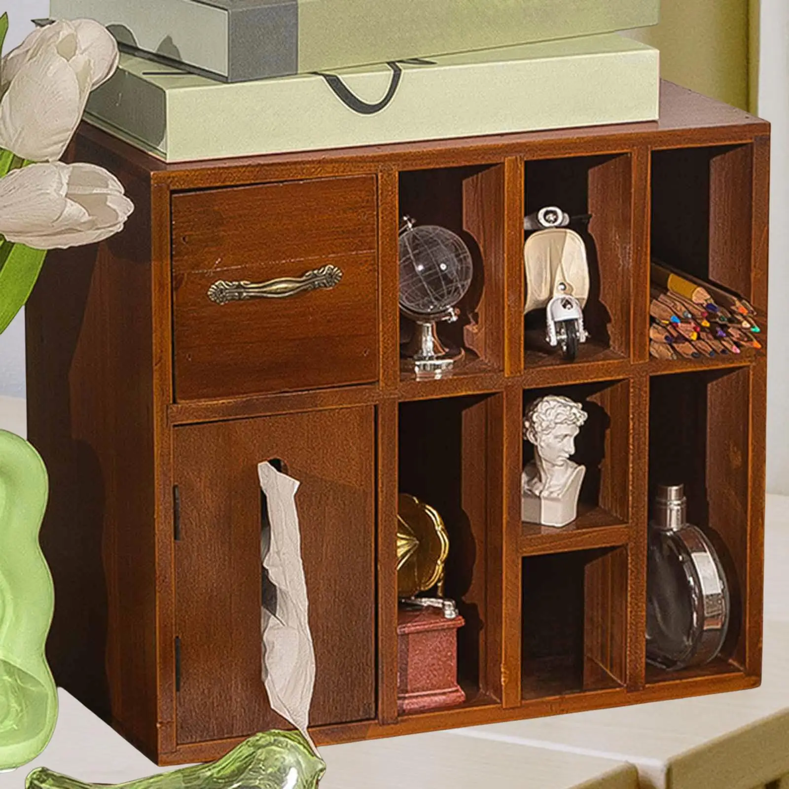 خزانة تخزين خشبية مع خزانة عرض صندوق مناديل للمنزل على سطح الطاولة