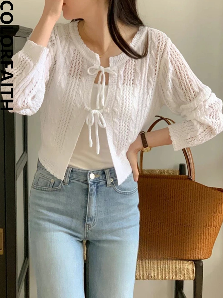 Colorfaith SWC6787JX New 2024 Chic Vintage Lace Up Korean Fashion Knitting Cardigans Women Autumn Winter Sweaters Short Tops