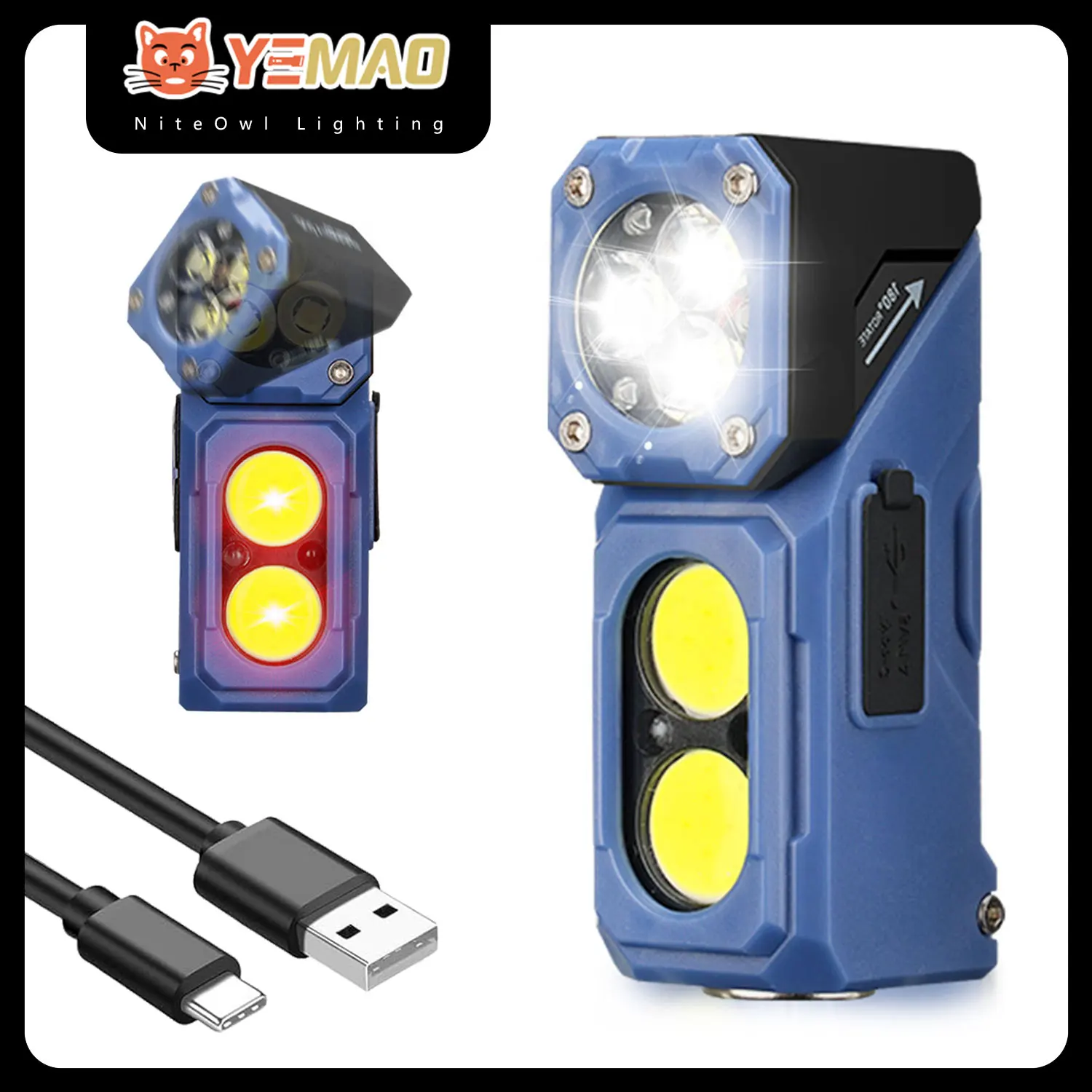 

YEMAO T615 EDC Flashlight 500Lumens Portable Pocket Mini Light Rechargeable Waterproof Torch 180° Rotating Head With Magnet Clip