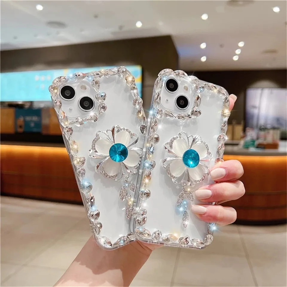 Luxury 3D Flower Diamond Glitter Transparent Cute Phone Case For iphone 14 13 12 11 Pro Max XS XR 7 8 Plus SE3 MiNi Soft Funda